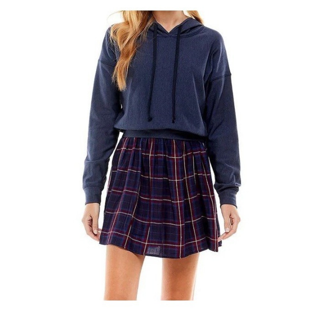 Kingston Grey Womens Layered Look Hoodie Skirt Mini Dress Blue/Red Junior Size S